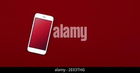 Modernes mockup weißes Smartphone mit Farbverlauf roten Hintergrund, Konzept Zusammensetzung, flache Lay-und Draufsicht, Kopierraum. Hochwertige Fotos Stockfoto