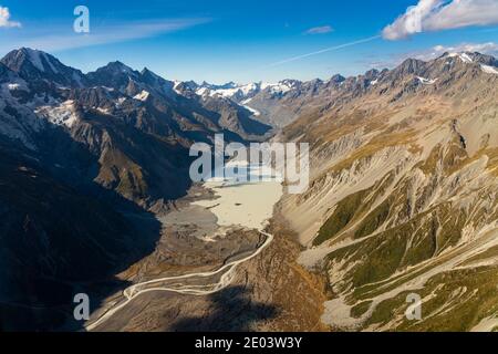 Hooker Valley von einem Hubschrauber aus gesehen, Aoraki / Mount Cook National Park, South Island, Neuseeland Stockfoto