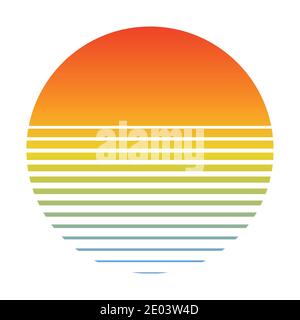 Retro Sonnenuntergang über dem Meer mit gradienten Silhouette von Sonne und Wasser. Vintage-Stil Sommer-Logo Icon-Stil 80er Jahre 90er Jahre Stock Vektor