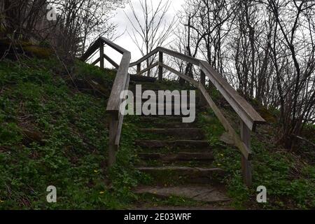 Holztreppen entlang eines Wanderweges in den Blue Ridge Mountains. Stockfoto