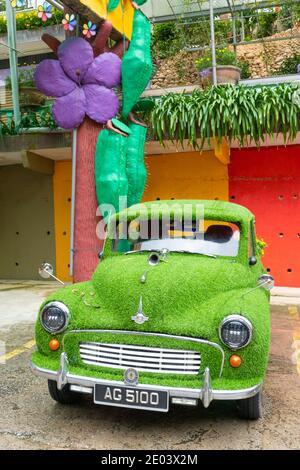 Stilvolles Retro-Auto mit Moos statt Farbe überwuchert. Stockfoto