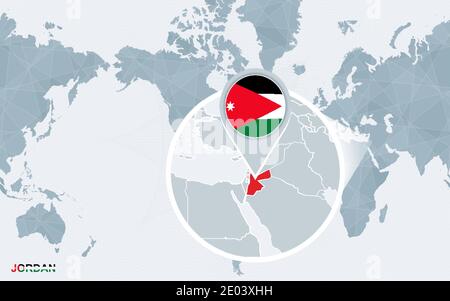 Weltkarte zentriert auf Amerika mit vergrößerten Jordanien. Blaue Flagge und Karte von Jordanien. Abstrakte Vektordarstellung. Stock Vektor