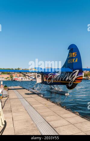 The King 5 Evening News Wasserflugzeug in der Nähe des Kenmore Air Wasserflugzeugs am Dock am Lake Union in der Nähe von, Queen Anne, Seattle, Washington. Stockfoto