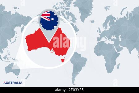 Weltkarte mit zentriertem Amerika mit vergrößerten Australien. Blaue Flagge und Karte von Australien. Abstrakte Vektordarstellung. Stock Vektor