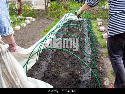 Russland, Woronezh - 01. Mai 2020: Mini-Gewächshaus-Ausrüstung im Garten Stockfoto