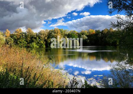 Herbst Farben über den See in Barnwell Country Park, Oundle, Northamptonshire, England, Großbritannien Stockfoto