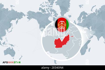 Weltkarte zentriert auf Amerika mit vergrößerten Afghanistan. Blaue Flagge und Landkarte von Afghanistan. Abstrakte Vektordarstellung. Stock Vektor