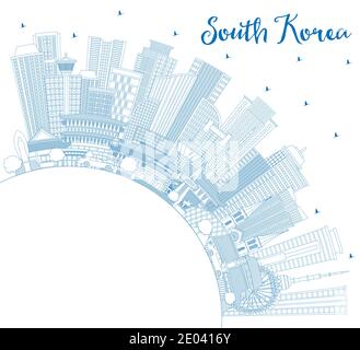 Skizzieren Sie die Skyline von Südkorea mit blauen Gebäuden und Kopierfläche. Vektorgrafik. Business Travel und Tourismus Konzept Stock Vektor
