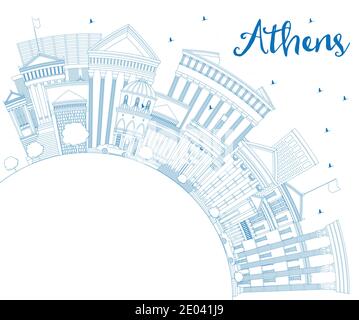 Skizzieren Sie die Skyline der griechischen Stadt Athen mit blauen Gebäuden und Kopierraum. Vektorgrafik. Business Travel und Tourismus Konzept Stock Vektor