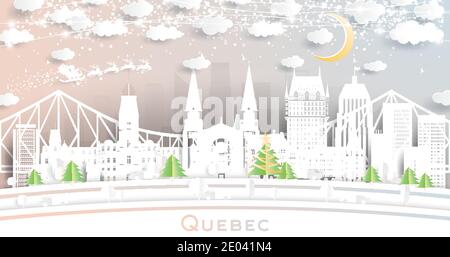 Quebec Kanada City Skyline in Paper Cut Style mit Schneeflocken, Mond und Neon Girlande. Vektorgrafik. Weihnachts- und Neujahrskonzept. Weihnachtsmann Stock Vektor
