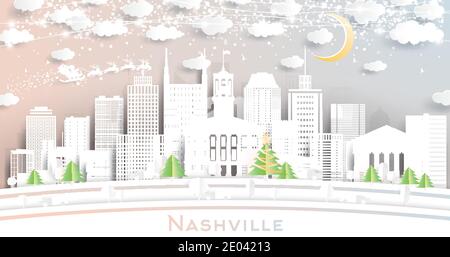 Nashville Tennessee USA City Skyline in Paper Cut Style mit Schneeflocken, Mond und Neon Girlande. Vektorgrafik. Weihnachts- und Neujahrskonzept. Stock Vektor