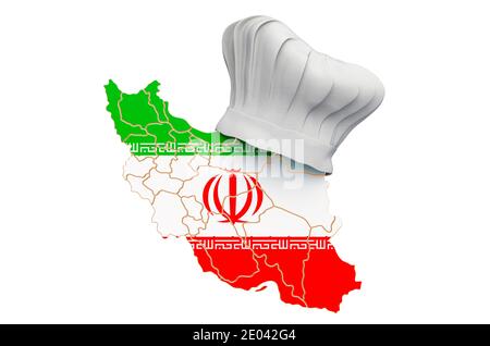 Iranische nationale Küche Konzept. Kochmütze mit Landkarte des Iran. 3D-Rendering auf weißem Hintergrund isoliert Stockfoto