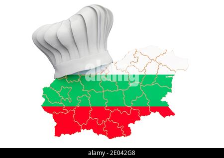 Bulgarische nationale Küche Konzept. Kochmütze mit Karte von Bulgarien. 3D-Rendering auf weißem Hintergrund isoliert Stockfoto