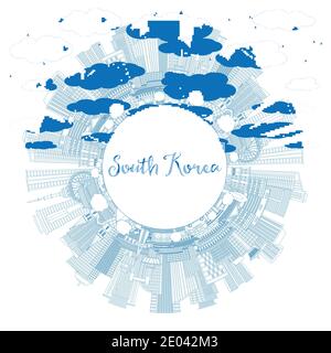 Skizzieren Sie die Skyline von Südkorea mit blauen Gebäuden und Kopierfläche. Vektorgrafik. Business Travel und Tourismus Konzept Stock Vektor
