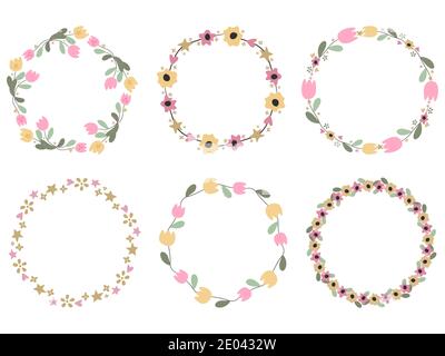 Blumenkränze im handgezeichneten Stil. Doodle Vektorgrafik. Stock Vektor