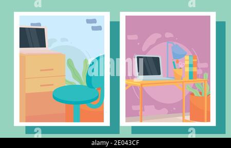 Arbeitsplätze Satz von Symbolen in Rahmen Design, Büro und Telearbeit Thema Vektor-Illustration Stock Vektor