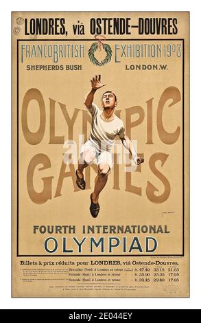 Plakat zu den Olympischen Spielen 1908 die Olympischen Sommerspiele 1908, offiziell die Spiele der IV. Olympiade, und allgemein bekannt als London 1900, waren ein internationales Multisport-Event, das vom 27. April bis zum 31. Oktober 1908 in London, Großbritannien, stattfand. VIERTE INTERNATIONALE OLYMPIADE Alfred Edwin Johnson, Illustration von Noel Pocock Lithographie in Farben mit Buchdruck, 1908 Stockfoto