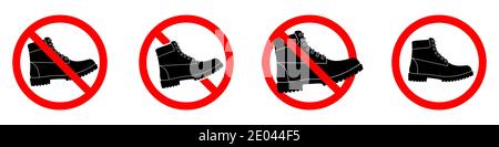 Symbole zum Verbot von Boots. Wanderschuhe Verbotsschild. Satz von STOPPSCHILDERN. Vektorgrafik. Die Wanderschuhe mit rotem Verbotsschild. Stock Vektor