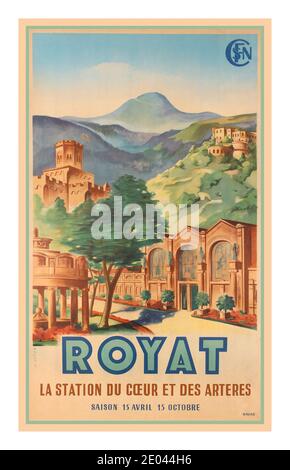 ROYAT Auvergne 1930er Jahre Vintage-Reise-Poster für Royat - eine Gemeinde in der Puy-de-Dôme Abteilung in der Auvergne in Zentralfrankreich. Herausgegeben von SNCF. Die Société nationale des Chemins de fer français ist Frankreichs staatliches Eisenbahnunternehmen. Frankreich , 1938, Designer: J . Loton,/ Havas Stockfoto