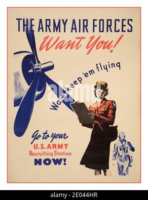 Vintage WW2 ‘The Army Air Forces WANT YOU“ Rekrutierung Plakat 1940 ‘WACS halten sie fliegen’ US-ARMEE LUFTSTREITKRÄFTE REKRUTIERUNG 2. Weltkrieg 2. Weltkrieg 2. Weltkrieg Stockfoto