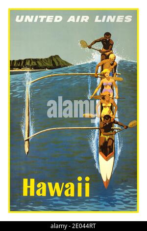 HAWAII Vintage 1960s Travel Poster für Hawaii, United Air Lines / Stan Galli. Urheber(en): Galli, Stanley, artist Erstellungsdatum: [United States :, between 1960 and 1970] (Poster) : Lithographie, Farbe Poster zeigt Menschen, die ein Outrigger-Kanu paddeln. Im Hintergrund Diamond Head und Waikiki Beach. Stockfoto