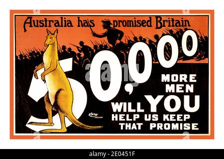 Archiv WK1 Rekrutierungsposter Australien 1914 "Australien hat Großbritannien 50000 weitere Männer versprochen; wirst du uns helfen, dieses Versprechen zu halten" Poster zeigt ein Känguru vor der Nummer 50,000 und im Hintergrund Silhouette der Soldaten im Kampf. Adelaide 1915 Weltkrieg, 1914-1918--Rekrutierung & Einwerbung--Australien Kängurus--Australien-1910-1920 Soldaten Australian-1910-1920 Lithographien--Farbe--1910-1920. Kriegsplakate--Australian--1910-1920. Stockfoto