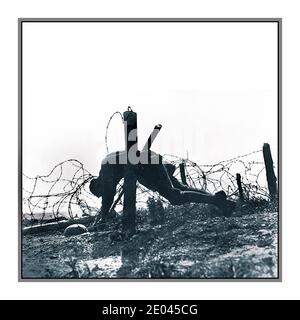 WW1 Soldier Lies Dead „in the Wire“ stark Battlefield grafisch ergreifende Erinnerung an die Schrecken des Krieges. Amerikanischer Soldat am deutschen Stacheldrahtzaun Westfront Frankreich gefangen. Die Maas-Argonne-Offensive (auch bekannt als Maas-Argonne-Wald-Offensive, die Schlachten der Maas-Argonne und die Maas-Argonne-Kampagne) war ein wichtiger Teil der letzten alliierten Offensive des Ersten Weltkriegs, die sich entlang der gesamten Westfront erstreckte. Powell, Eyre, 1891-1949, Fotograf 1918 - Weltkrieg, 1914-1918--Verluste - Amerikaner - Frankreich - Soldaten - Amerikaner - Frankreich - Version alt&19020 Stockfoto