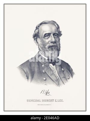 ROBERT E LEE 1800s Vintage Archive signiert Portrait Etching of General Robert E. Lee Confederate Army Leader von Currier & Ives. New York : herausgegeben von Currier & Ives, [zwischen 1860 und 1870] Lithographien-- herausgegeben vom City of Boston Committee on Public Safety. USA Robert Edward Lee war ein amerikanischer General der Konföderierten, der während des amerikanischen Bürgerkrieges als Kommandant der Konföderierten Bundesstaaten-Armee bekannt war. Er kommandierte die Armee von Nord-Virginia von 1862 bis zu ihrer Kapitulation im Jahr 1865 und erwarb sich einen Ruf als geschickter Taktiker. Stockfoto