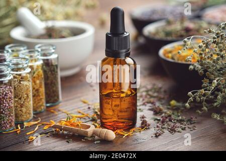 Tropfflasche mit ätherischem Öl. Glasflaschen mit Heilkräutern. Mörser und Schalen mit trockenen Kräutern auf dem Hintergrund. Alternative Medizin. Stockfoto