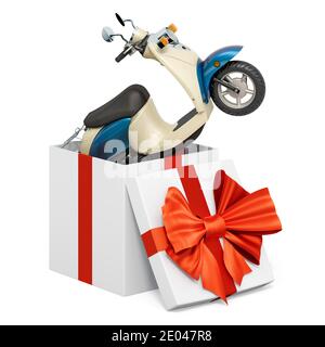 Motorrad, Motorroller innerhalb Geschenkbox, präsentieren Konzept. 3D-Rendering auf weißem Hintergrund isoliert Stockfoto