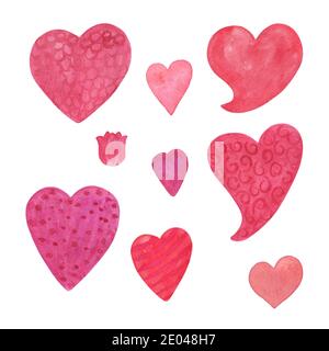 Herz Set rot, rosa, violett Aquarell handgezeichnete Abbildung in verschiedenen Größen Symbol der Liebe einfaches Ornament für St. Valentine Feiertagsfeier Stockfoto