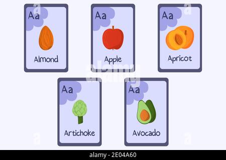 Bunte Phonics Flashcard Buchstabe A - Mandel, Apfel, Aprikose, Artischocke, Avocado. Lebensmittel Themen ABC-Karten für den Unterricht Lesen mit Lebensmitteln, Gemüse, Obst und Nüssen. Serie von ABC. Stock Vektor