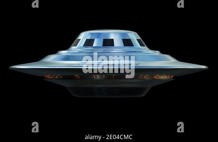 Nicht Identifiziertes Fliegendes Objekt. UFO über schwarz mit Beschneidungspfad enthalten. 3D-Illustration. Stockfoto