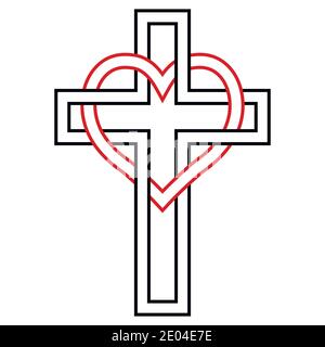 Verflechtung von Herz und christlichem Kreuz, Vektor-Symbol des Glaubens und der Liebe zu Gott. Christliches Symbol Stock Vektor