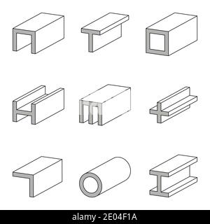 Stahl-Keile Symbol, Profile, Platten und Rohre Abmessungen, Eigenschaften, technische Spezifikationen, Set Vektor-Linie Symbol von Stahlrohr und Balken Produkt Stock Vektor