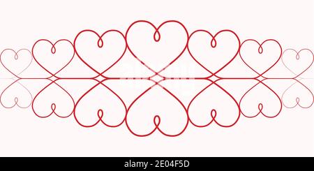 Muster Herzen für Valentinstag. Vektor One kontinuierliche Linienzeichnung von roten Herzen auf weißem Hintergrund, elegante rote Vignette, das Muster der Stock Vektor