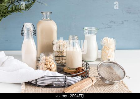 Arten von alternativen Milchsorten in Flaschen auf einer rustikalen Tischdecke. Kristallgläser voller Samen, Getreide und Nüsse sind neben ihnen. Horizontale Ansicht. Stockfoto