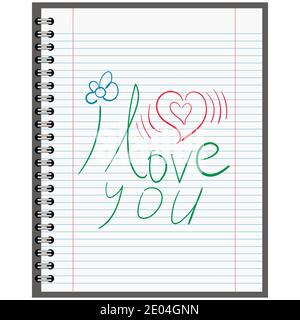Beichte in der Liebe, Kalligraphie auf einem Blatt Papier aus einem Schulbuch, Vektor-Konzept Erklärung erste Liebe Stock Vektor