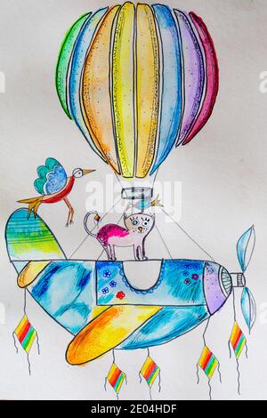 Eine Katze auf einem Schiff mit Heißluftballon in Aquarell, verschiedene Farben Stockfoto