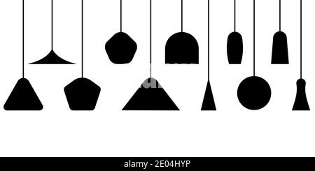 Stellen Sie verschiedene Lampen und Lampenschirme isoliert auf weißem Hintergrund ein. Vorderansicht verschiedener Lampen und Leuchten, Vektorgrafik Stock Vektor