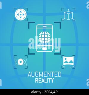 Augmented Reality-Design mit Technologie und verwandten Symbolen auf blauem Hintergrund, Linienstil, Vektorgrafik Stock Vektor