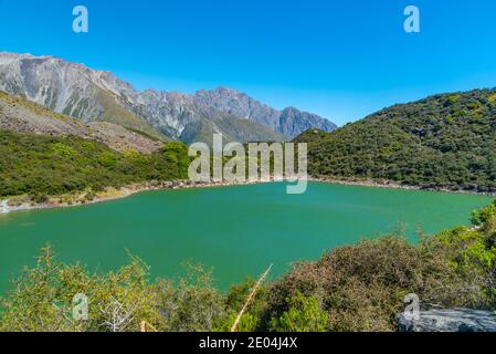 Blaue Seen in der Nähe des Tasman Gletschers bei Aoraki / Mt Cook Nationalpark in Neuseeland Stockfoto