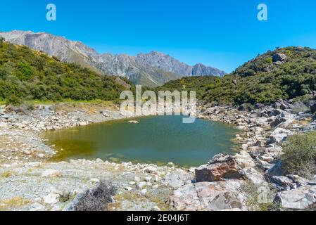 Blaue Seen in der Nähe des Tasman Gletschers bei Aoraki / Mt Cook Nationalpark in Neuseeland Stockfoto