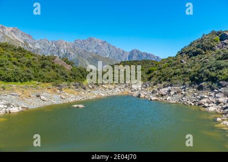 Blaue Seen in der Nähe des Tasman Gletschers bei Aoraki / Mt Cook Nationalpark in Neuseeland Stockfoto