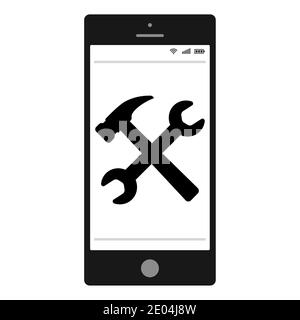 Handy-Reparatur-Shop Logo Symbol Vektor-Smartphone mit Bild von Schlüssel und Hammer, Service-Logo Reparatur und Wartung von Smartphones und Tablets Stock Vektor