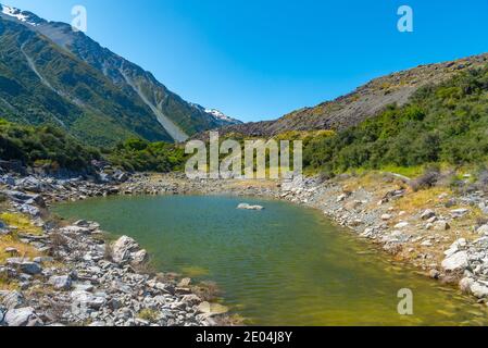 Blaue Seen in der Nähe des Tasman Gletschers bei Aoraki / Mt Cook Nationalpark in Neuseeland Stockfoto