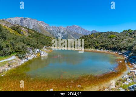 Blaue Seen in der Nähe des Tasman Gletschers bei Aoraki / Mt Cook Nationalpark in Neuseeland Stockfoto