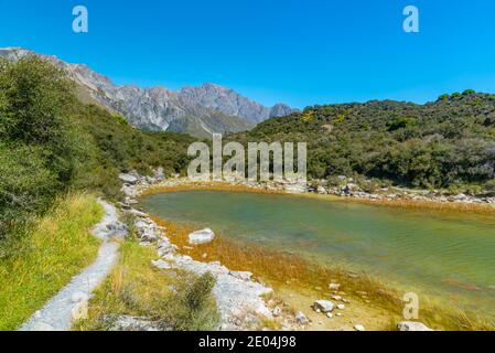 Blaue Seen in der Nähe des Tasman Gletschers bei Aoraki / Mt Cook Nationalpark in Neuseeland Stockfoto