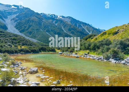 Blaue Seen in der Nähe des Tasman Gletschers bei Aoraki / Mt Cook Nationalpark in Neuseeland Stockfoto