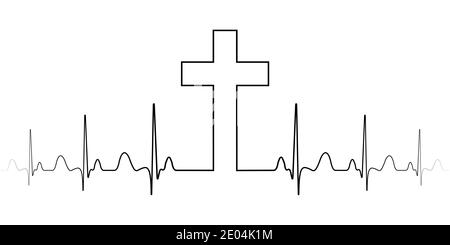 Kreuzzeichen Symbol christlicher Glaube, eine Vektor-Einzellinie, das Kreuz und der Puls Herz schlägt, die Aufregung der Religion Stock Vektor